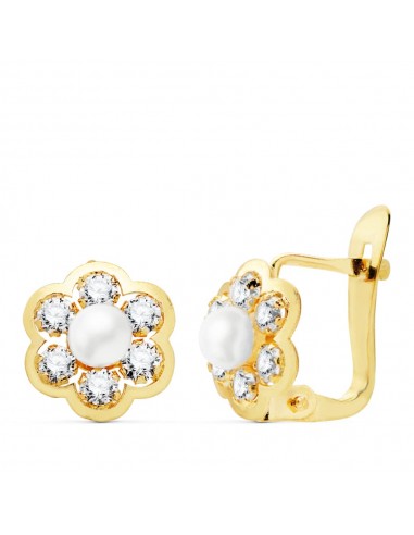 18K PENDIENTES ORO AMARILLO FLOR CON CIRCONITA Y PERLA 8X8 MM CATALAN