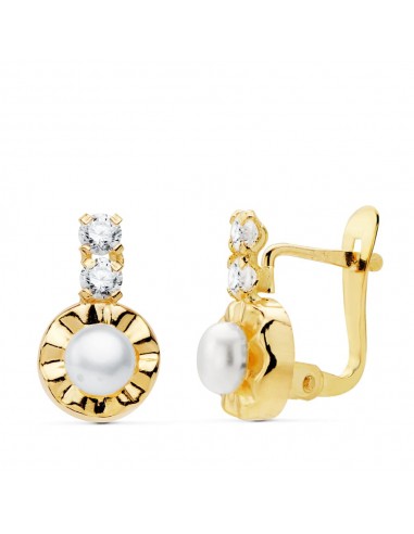 18K PENDIENTES ORO AMARILLO CIRCONITA 12X7 MM PERLAS 4 MM CIERRE CATALAN