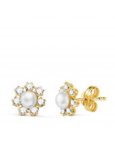 18K PENDIENTES ORO AMARILLO CON CIRCONITAS Y PERLA DE 4 MM. MEDIDA: 9X9 MM. CIERRE PRESION