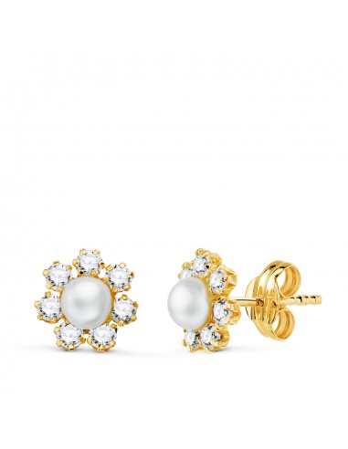 18K PENDIENTES ORO AMARILLO CON CIRCONITAS Y PERLA DE 4 MM. MEDIDA: 9X9 MM. CIERRE PRESION