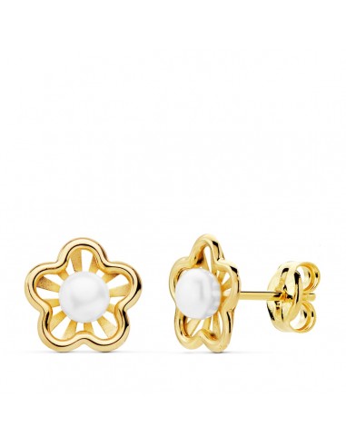 18K PENDIENTES ORO AMARILLO FLOR 8X7 MM PERLAS 3MM CIERRE PRESION