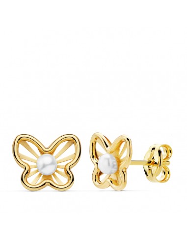 18K PENDIENTES ORO AMARILLO MARIPOSAS 9X7 MM PERLAS 2.5 MM CIERRE PRESION