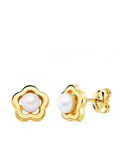 18K PENDIENTES ORO AMARILLO FLOR 8X8 MM PERLAS 4 MM PRESION