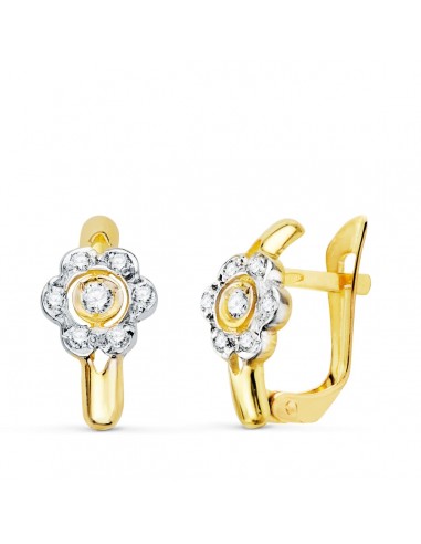 18K PENDIENTES ORO BICOLOR FLOR CON CIRCONITA 12X6 MM CIERRE CATALAN