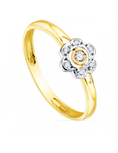 18K SORTIJA ORO BICOLOR FLOR CON CIRCONITA 6X6 MM ANCHO CUERPO 2 MM