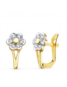 18K PENDIENTES ORO BICOLOR FLOR CON CIRCONITA 13X7 MM CIERRE CATALAN