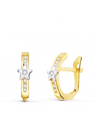 18K PENDIENTES ORO BICOLOR ESTRELLAS Y CIRCONITA 13X3 MM CIERRE CATALAN