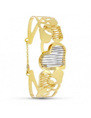 18K PULSERA ORO BICOLOR RIGIDA CORAZON Y CADENAS