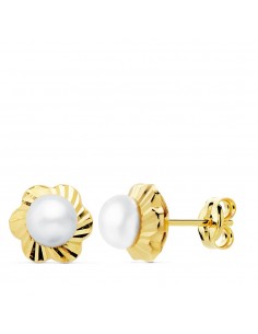 18K PENDIENTES ORO AMARILLO FLOR TALLADA 7 MM PERLA 4 MM PRESION