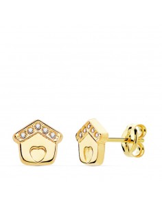 18K PENDIENTES ORO AMARILLO CASITA CIRCONITA 7X7 MM CIERRE PRESION