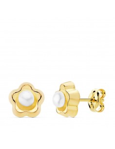 18K PENDIENTES ORO AMARILLO FLOR PERLA 8X8 MM CIERRE PRESION