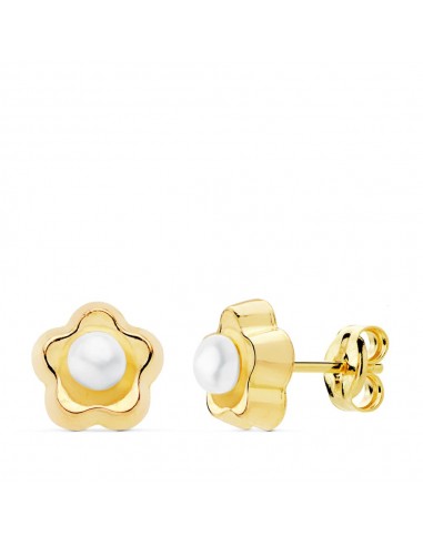 18K PENDIENTES ORO AMARILLO FLOR PERLA 8X8 MM CIERRE PRESION