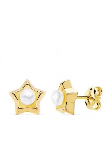 18K PENDIENTES ORO AMARILLO ESTRELLA PERLA 8X8 MM CIERRE PRESION