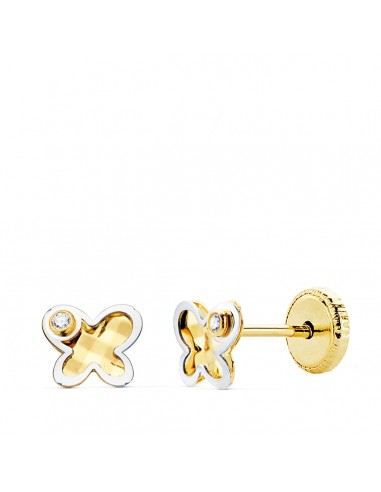18K PENDIENTES MARIPOSA ORO BICOLOR CIRCONITA 5.5X4.5 MM CIERRRE TUERCA