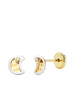 18K PENDIENTES LUNA ORO BICOLOR CIRCONITA 5.5X4.5 MM CIERRE TUERCA