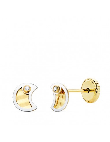 18K PENDIENTES LUNA ORO BICOLOR CIRCONITA 5.5X4.5 MM CIERRE TUERCA