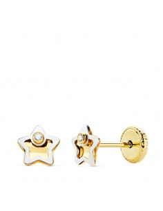 18K PENDIENTES ORO BICOLOR ESTRELLA CIRCONITA 5X5 MM CIERRE TUERCA