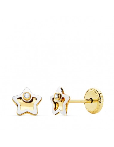 18K PENDIENTES ORO BICOLOR ESTRELLA CIRCONITA 5X5 MM CIERRE TUERCA