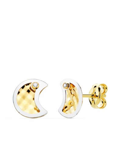 18K PENDIENTES ORO BICOLOR LUNA Y CIRCONITA 8X6.5 MM CIERRE PRESION