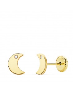 18K PENDIENTES ORO AMARILLO LUNA CIRCONITA 6.5X5 MM CIERRE TUERCA