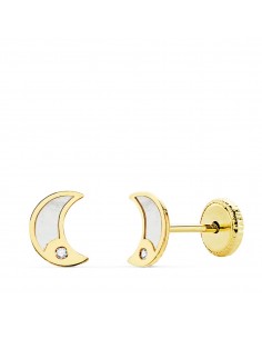 18K PENDIENTES ORO AMARILLO LUNA NACAR Y CIRCONITA 6.5X5 MM CIERRE TUERCA
