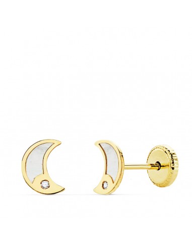18K PENDIENTES ORO AMARILLO LUNA NACAR Y CIRCONITA 6.5X5 MM CIERRE TUERCA