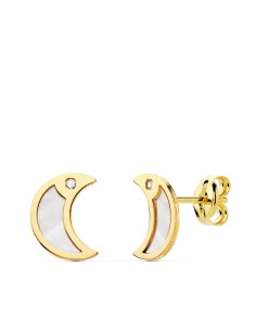 18K PENDIENTES ORO AMARILLO LUNA NACAR Y CIRCONITA 8X6 MM CIERRE PRESION