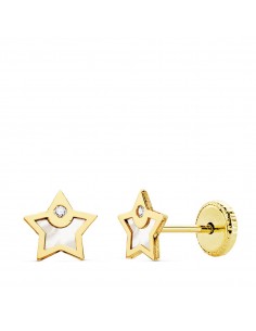 18K PENDIENTES ORO AMARILLO ESTRELLA NACAR Y CIRCONITA 6X6 MM CIERRE TUERCA