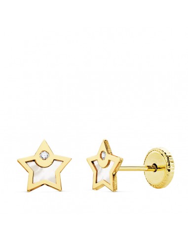 18K PENDIENTES ORO AMARILLO ESTRELLA NACAR Y CIRCONITA 6X6 MM CIERRE TUERCA