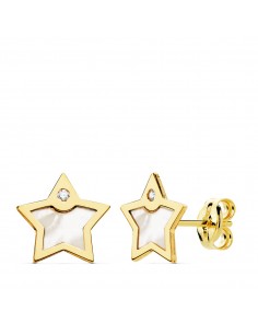 18K PENDIENTES ORO AMARILLO ESTRELLA NACAR Y CIRCONITA 8X8 MM CIERRE PRESION