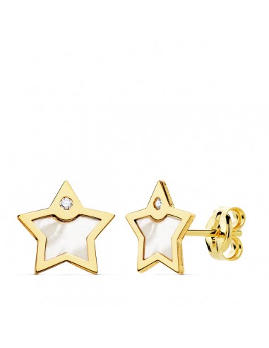 18K PENDIENTES ORO AMARILLO ESTRELLA NACAR Y CIRCONITA 8X8 MM CIERRE PRESION