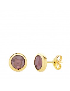 18K PENDIENTES ORO AMARILLO CHATON PIEDRA AMATISTA 6.5 MM CIERRE PRESION