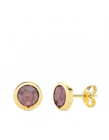 18K PENDIENTES ORO AMARILLO CHATON PIEDRA AMATISTA 6.5 MM CIERRE PRESION