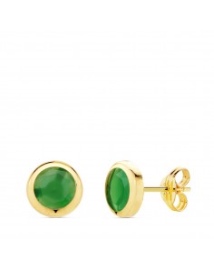 18K PENDIENTES ORO AMARILLO CHATON PIEDRA VERDE. 6.5 MM CIERRE PRESION