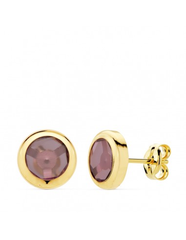 18K PENDIENTES ORO AMARILLO CHATON PIEDRA AMATISTA 8.5 MM CIERRE PRESION