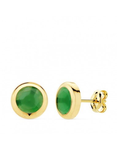 18K PENDIENTES ORO AMARILLO CHATON PIEDRA VERDE. 8.5 MM CIERRE PRESION