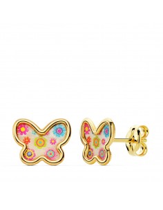18K PENDIENTES ORO AMARILLO MARIPOSAS NACAR COLORES. 9X7 MM CIERRE PRESION