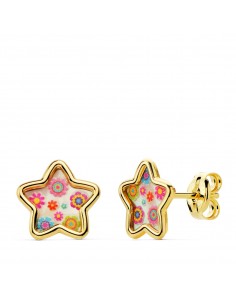 18K PENDIENTES ORO AMARILLO ESTRELLA NACAR COLORES. 8X8 MM CIERRE PRESION