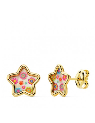 18K PENDIENTES ORO AMARILLO ESTRELLA NACAR COLORES. 8X8 MM CIERRE PRESION