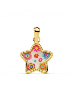 18K COLGANTE ORO AMARILLO AMULETO ESTRELLA NACAR COLORES. 13X13 MM