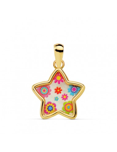 18K COLGANTE ORO AMARILLO AMULETO ESTRELLA NACAR COLORES. 13X13 MM