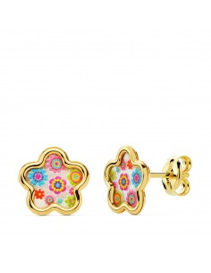 18K PENDIENTES ORO AMARILLO FLOR NACAR COLORES. 8X8 MM CIERRE PRESION
