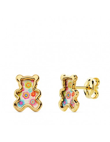 18K PENDIENTES ORO AMARILLO OSO NACAR COLORES. 8X6.5 MM CIERRE PRESION