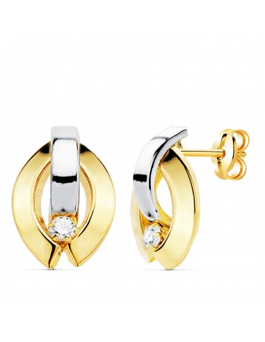 18K PENDIENTES ORO BICOLOR BANDAS Y CIRCONITA 14X9 MM CIERRE PRESION