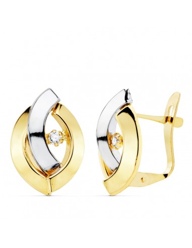 18K PENDIENTES ORO BICOLOR BANDAS Y CIRCONITA 15X10 MM CIERRE CATALAN
