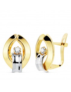 18K PENDIENTES ORO BICOLOR BANDAS Y CIRCONITA 14X10 MM CIERRE CATALÁN