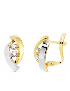 18K PENDIENTES ORO BICOLOR BANDAS Y CIRCONITA 14X8 MM CIERRE CATALÁN