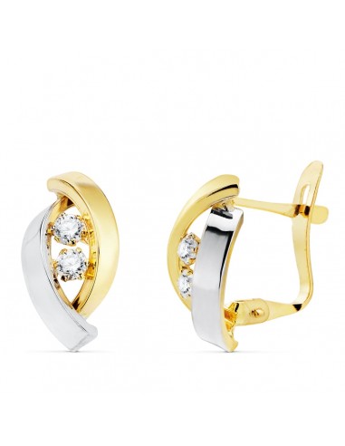 18K PENDIENTES ORO BICOLOR BANDAS Y CIRCONITA 14X8 MM CIERRE CATALÁN