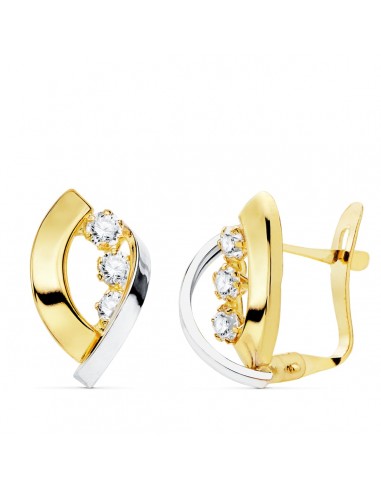 18K PENDIENTES ORO BICOLOR BANDAS Y CIRCONITA 14X9 MM CIERRE CATALÁN