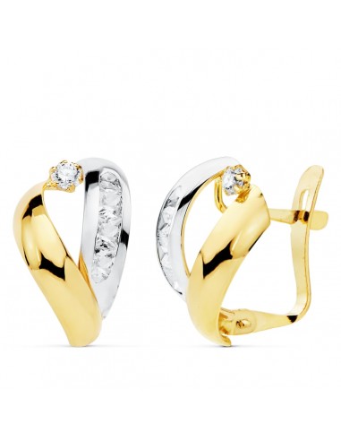 18K PENDIENTES ORO BICOLOR BANDAS Y CIRCONITA 16X9 MM CIERRE CATALAN